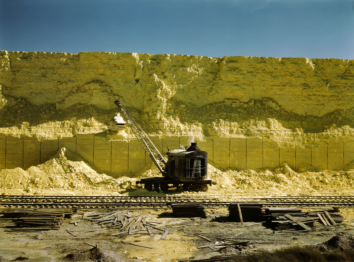 May 1943. Sixty-foot-tall sulfur vat at the Freeport Sulphur Co. in Hoskins Mound, Texas. View full size. 4x5 Kodachrome transparency by John Vachon.