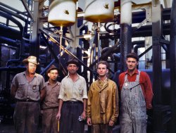 October 1942. Employees at the Mid-Continent oil refinery in Tulsa, Oklahoma. 4x5 Kodachrome transparency by John Vachon. View full size.