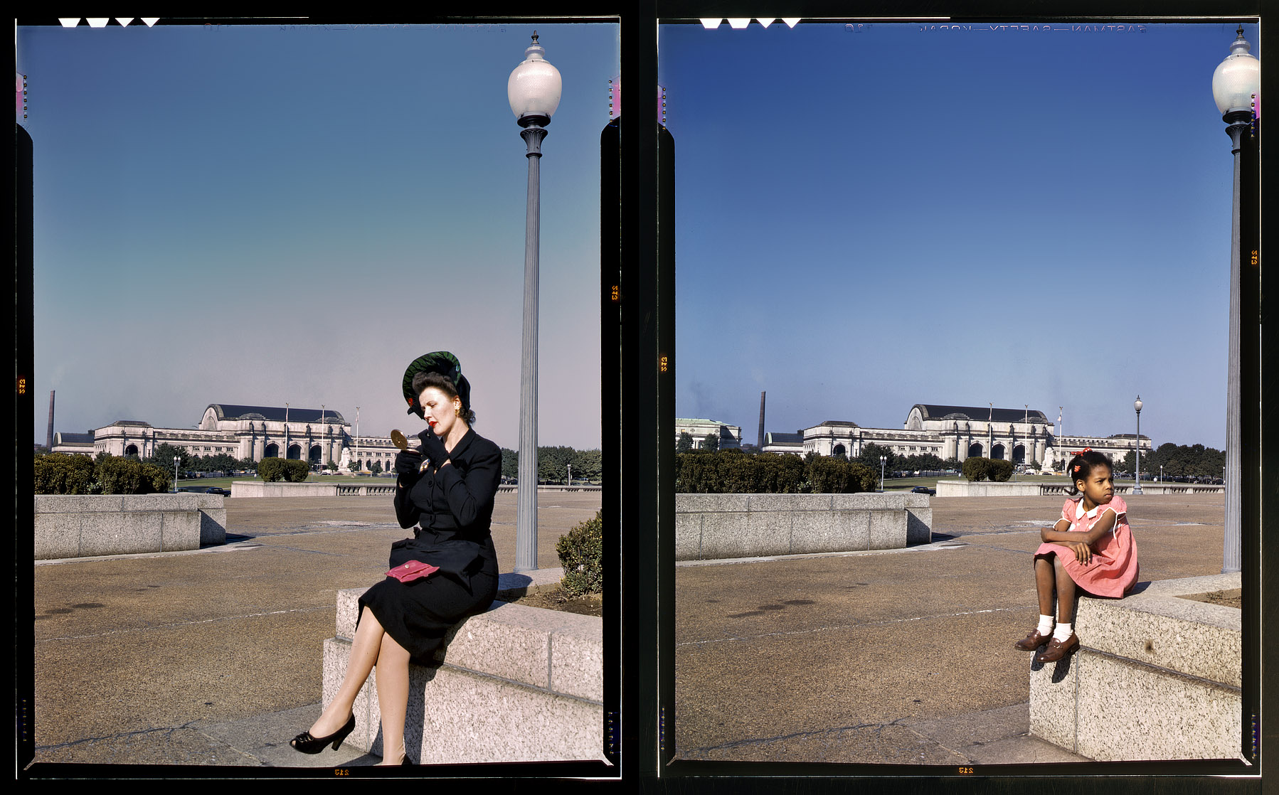 Washington, 1943. A study in contrasts at Union Station. View full size. 4x5 Kodachrome transparencies, photographer unknown. Office of War Information.