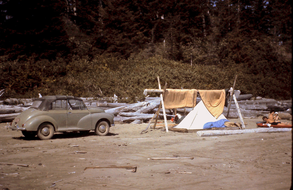 Camping on the beach near Tofino on Vancouver Island, BC, in 1962. From left to right: Our 1958 Morris Minor, campsite, my aunt, my mother and me. View full size.