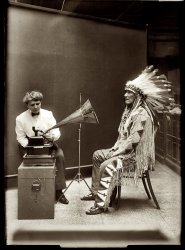 February 9, 1916. "Mountain Chief of Piegan Blackfeet making phonographic record at Smithsonian." The interviewer is ethnologist Frances Densmore. National Photo Company Collection glass negative. View full size.