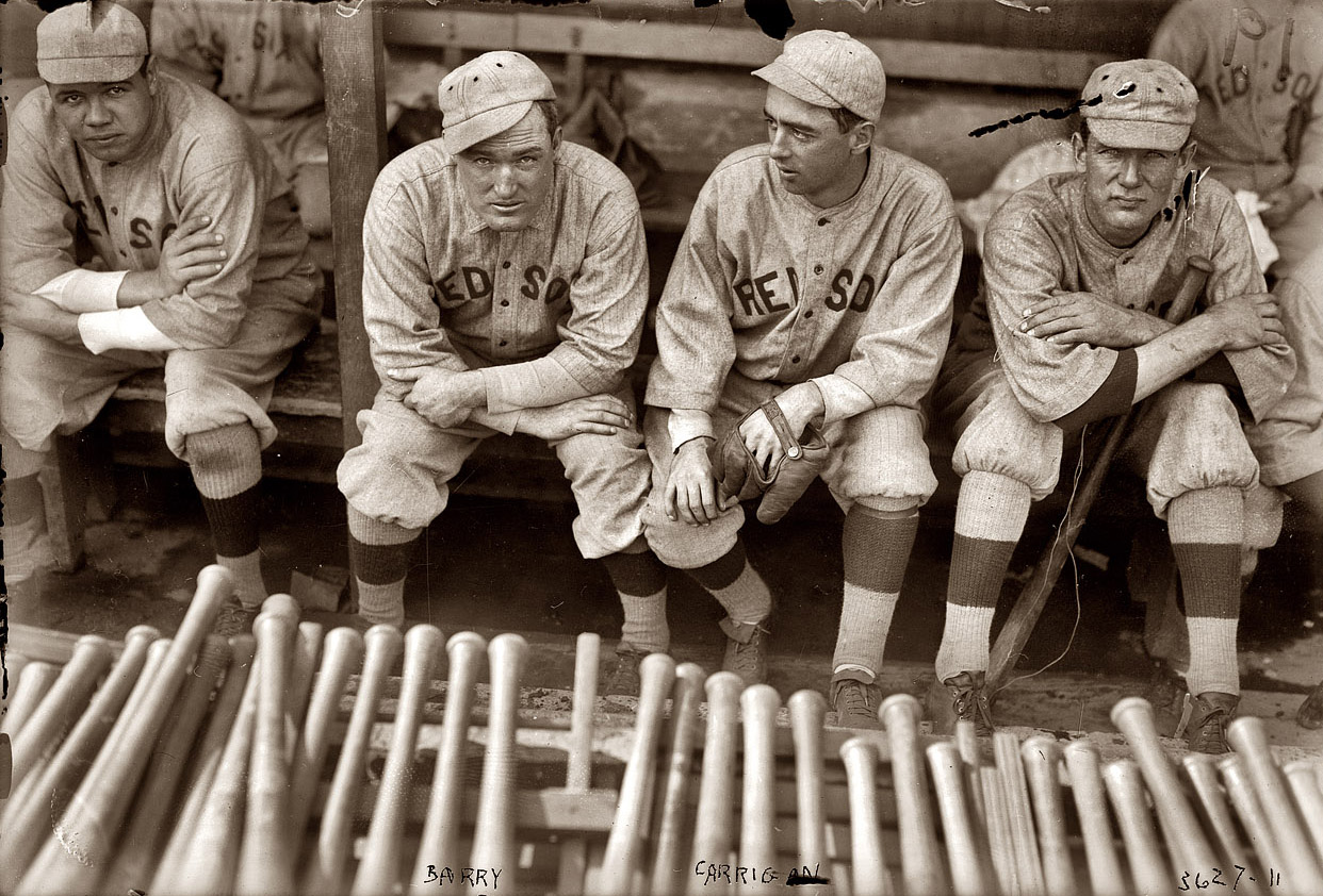 Babe Ruth, Bill Carrigan, Jack Barry and Vean Gregg of the Boston Red Sox in 1916. View full size. 5x7 glass negative, George Grantham Bain Collection.