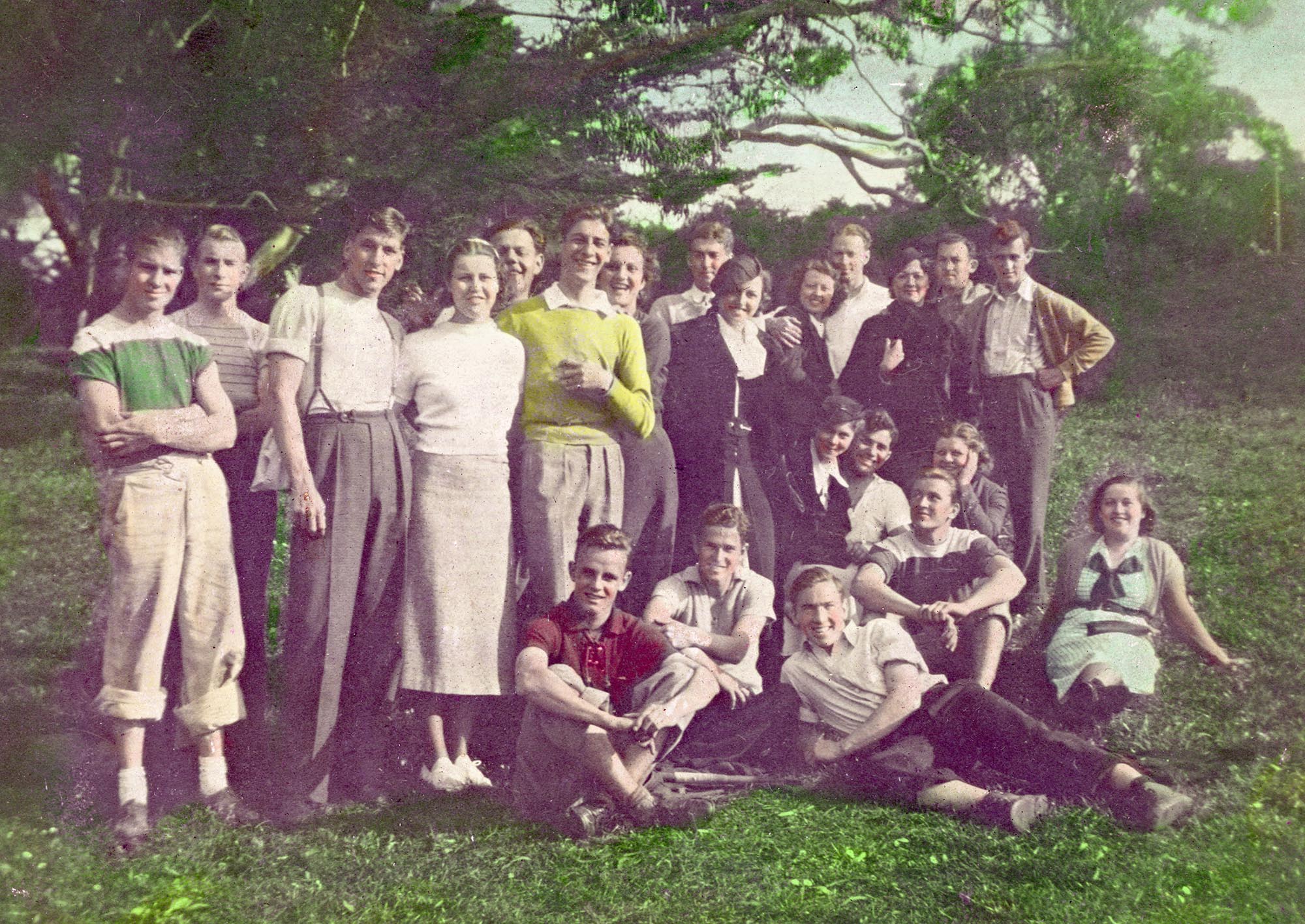 A hand-painted photo of the Student Teacher Academic Group at San Francisco State University. February 13, 1936.