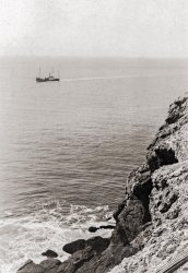 A lumber lugger off the coast of Point Reyes in Marin County., California. This photo was taken by Eva Van Valkenburgh from Inverness, California, circa 1914. 