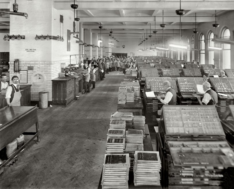 Washington circa 1910. "Government Printing Office, typesetting." Enjoy your tour, and please, no floor-spitting. Harris &amp; Ewing glass negative. View full size.
