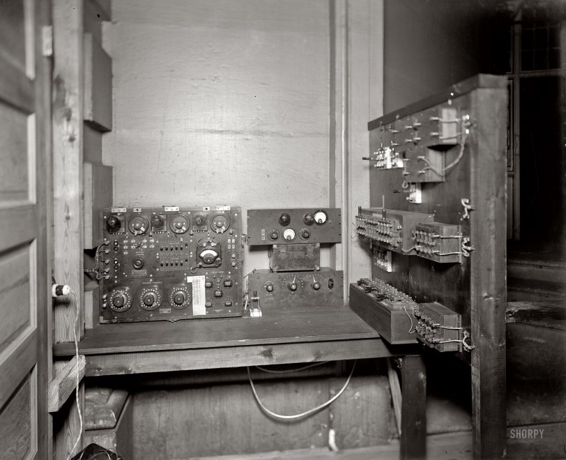 Washington, D.C., circa 1919. "Chesapeake &amp; Potomac Telephone Co. equipment."  More communications gear at what seems to be the Capitol. The box on the left bears the nameplates of Leeds &amp; Northrup, Philadelphia, and Western Electric. Harris &amp; Ewing Collection glass negative. View full size | The knobs.
