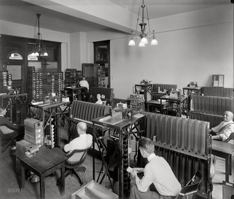 Washington, D.C., circa 1920. "Tabulating Machine Co." Our second look at the company's equipment. This installation is at the Old Post Office on Pennsylvania Avenue. Harris &amp; Ewing Collection glass negative. View full size.

