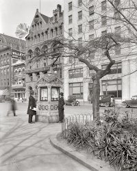 Washington, D.C., circa 1921. "U.S. Weather Bureau kiosque, Pennsylvania Avenue." Harris &amp; Ewing Collection glass negative. View full size.
Breaking updateThat would beat the constant interruptions to programming we have in the tornado belt whenever there is a cloud in the sky.
Weather Channel 1.0And now for your local forecast.
"If you can read this handbill, it's sunny.
If you had to wipe water off the glass, it's raining.
If you had to scrape any ice off, a freeze warning has been issued for your area."
Attackof the Giant Killer Ginkgo Biloba Leaf !!!!
WeatherspottingPerhaps they're looking for an explanation of the highly localized phenomenon that seems to have snapped off the turret of the Washington Post building.
Is the Post still housed there? Interesting that the Washington Times is in a much more modest office, right next door.
Radio School 1920At first I thought this photo was taken the same time as the 'Radio School: 1920' photo (posted on 10/02/09), but there's an empty box in front of the Chinese &amp; American Restaurant in this shot that has a tree in it in the older posting. I wonder which photo was taken first?
Architectural inconsistencyIf only the Weather Bureau had seen fit to erect a crenelated kiosque to match
their vaguely sinister headquarters.  Thankfully, there is crenelation in the
background atop the Washington Post.  And AMAZING Sullivanesque detailing
in the Post's fantastic gable.  What a treat!  I am at a loss to describe the
round opening with semi-spherical balcony... an oculus balcony?  Whatever
it is, I want one.
The man on ladderis why the ladder in your garage has two dozen warning stickers.
Street viewThe National Radio School is visible on the left side of the image; a prior photo had that building as a subject.  Also a good look at the Ford Hiboy with a 2nd spare strapped to the radiator.
All that effortI love the way so much effort has gone into building such a lovely structure just for posting weather reports.
Speaking of breaking updatesBy the looks of that ladder, perhaps Fall is almost here.
Kronheim -&gt; WillettExcel08 has already noted the correspondence  of this scene to the previously posted Radio School, 1920.  As to the relative timing, the men's outfitters at #1345 offers a clue.  Note the change in the block letters high on the side of the building.  August 1920 advertisements in the Washington Post announced a change of ownership, from Milton S. Kronheim to B.W. Willett. Therefore this is the latter photo: B.W. had hired sign painters but hadn't yet replaced the awning at the front of the store.
An earlier view of this street and weather kiosk was seen in World Series, 1912.
Also seen in Traffic Umbrella, 1913.
Still EngravingByron S. Adams was founded in 1872 by its namesake. Originally family owned and operated, the company has gone through a series of owners, both public and private. In 1984 Byron S. Adams was acquired by William R. Pierangeli, who has taken the company back to its roots. It is again a family-owned and operated business. At present, Mr. Pierangeli’s wife and two sons work in the business, and he is thinking of employing his greyhound Abby as the official company mascot.
http://www.byronadams.com/companyinfo/index.html
Different TimesThe Washington Times in this photo has no relation to the current newspaper with that name. The Times of 1920 was a Hearst paper founded in 1893, which was later merged with Hearst's Washington Herald in 1939. The Post bought the Times-Herald in 1954. The current Washington Times was created by the Rev. Sun Myung Moon in 1982 and its offices are in the old Washington Star building out on New York Avenue NE.
(The Gallery, Cars, Trucks, Buses, D.C., Harris + Ewing)