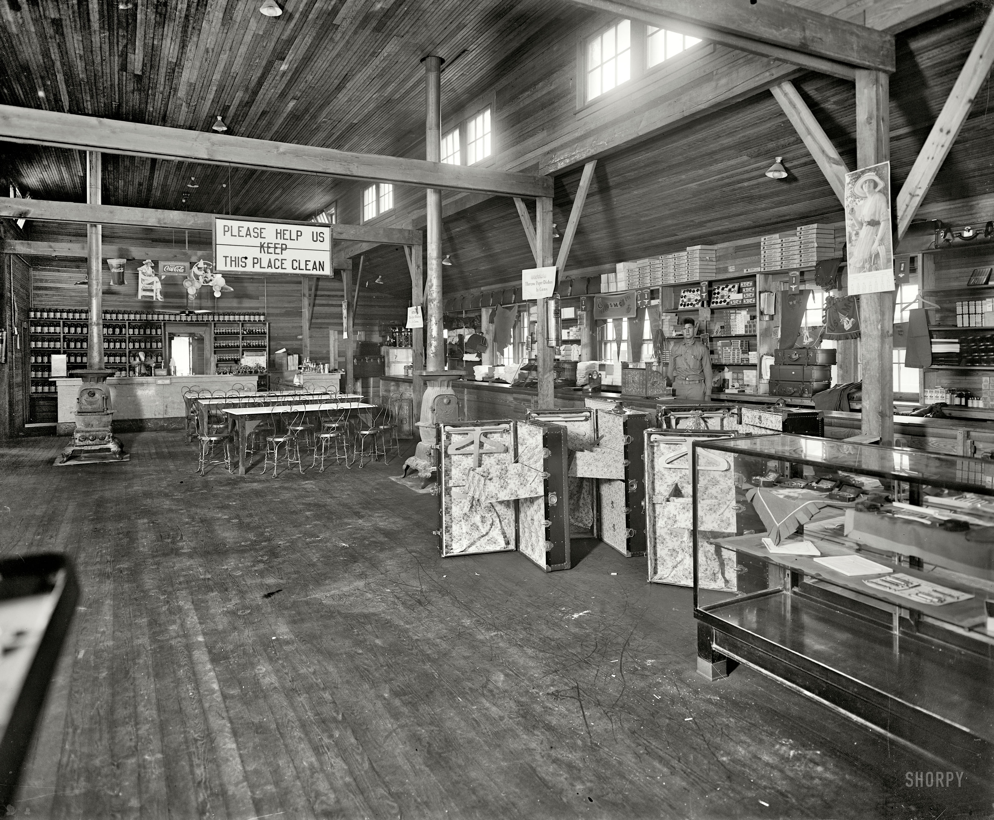 Quantico, Virginia, 1920. "Quantico Post Exchange." With merchandise ranging from tennis balls to steamer trunks. Harris & Ewing photo. View full size.