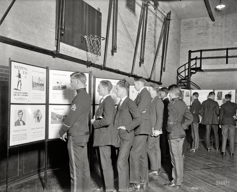 Washington, D.C., circa 1920. "U.S. Public Health Service." On the left we have Abe Lincoln, who "kept himself fit by working in the open air." By the time we get to the right side of the exhibit, there's a diagram with a caption about "the youth who achieves self-control." Harris &amp; Ewing glass negative. View full size.
