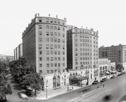 Washington, D.C., circa 1927. "Mayflower Hotel, exterior, Connecticut Avenue." Harris & Ewing Collection glass negative. View full size.