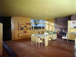From a series titled "Experimental housing models. Storage shed & garage, dining room & kitchen." Circa 1945-48, of the "Your Future Postwar Home" genre. Kodachrome transparency by Eric Schaal, Life photo archive. View full size.