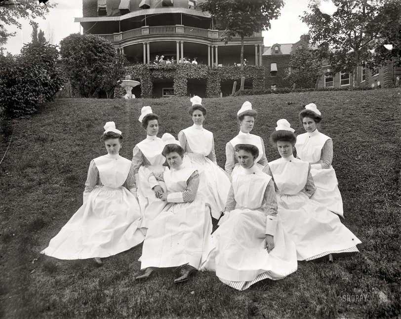 Washington, D.C., circa 1910. "Portrait of nurses on lawn." Harris &amp; Ewing Collection glass negative. View full size.
