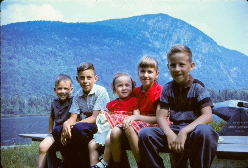 My two brothers and my two sisters with me at the left in 1961. The photo was taken at my great-uncle's cottage, north of Quebec City. He was a Canadian officer during WWII, so maybe the mysterious canon in the background was a war trophy from Germany? View full size.
