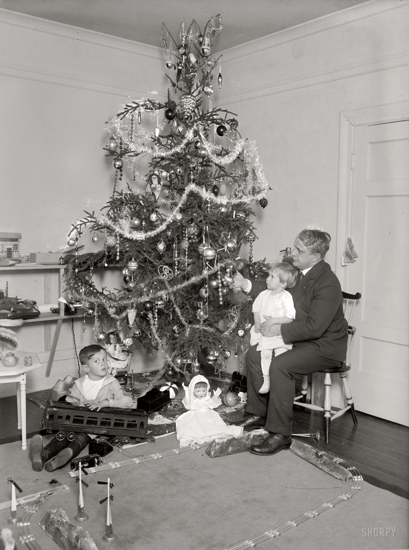 "Secretary Davis, Christmas tree, 1921." James J. Davis, Secretary of Labor in the Harding, Coolidge and Hoover administrations, moonlighting as Santa Claus. National Photo Company Collection glass negative. View full size.
