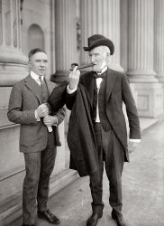 May 8, 1922. "Cannon & Brennan at Capitol." Former House speaker "Uncle Joe" Cannon, congressman from Illinois, accessorized with Michigan lawmaker Vincent Brennan and a big cigar. National Photo Co. glass negative. View full size.
