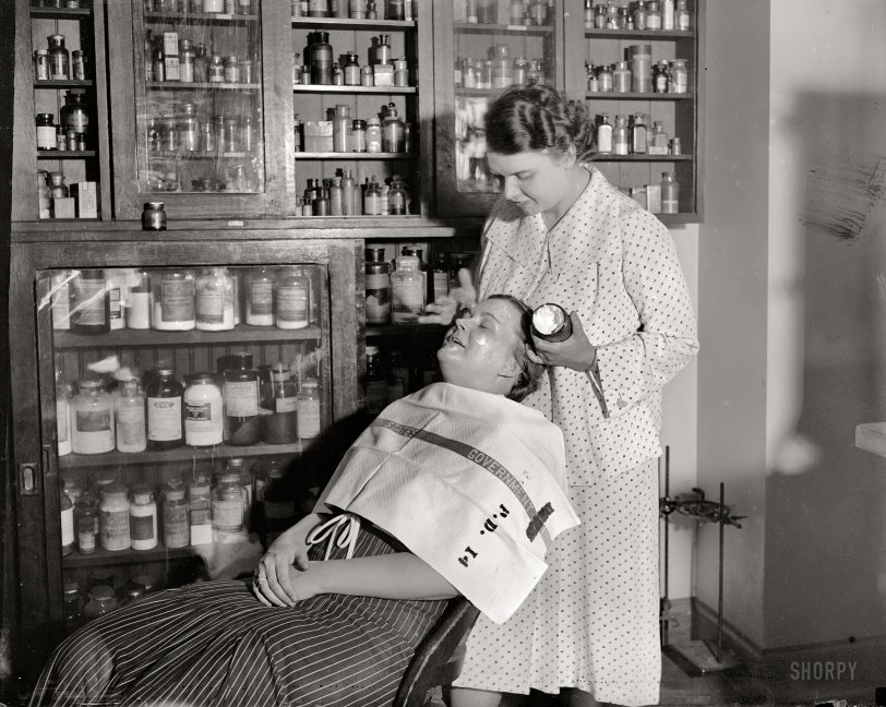 July 10, 1937. "Testing cosmetics. The Department of Agriculture is making tests every day in order to get cosmetics under the Pure Food and Drug Act. Mrs. C.W. West, seated, is helping Mrs. R. Goodman make a test on cold cream and other facial creams." Harris &amp; Ewing Collection glass negative. View full size.

