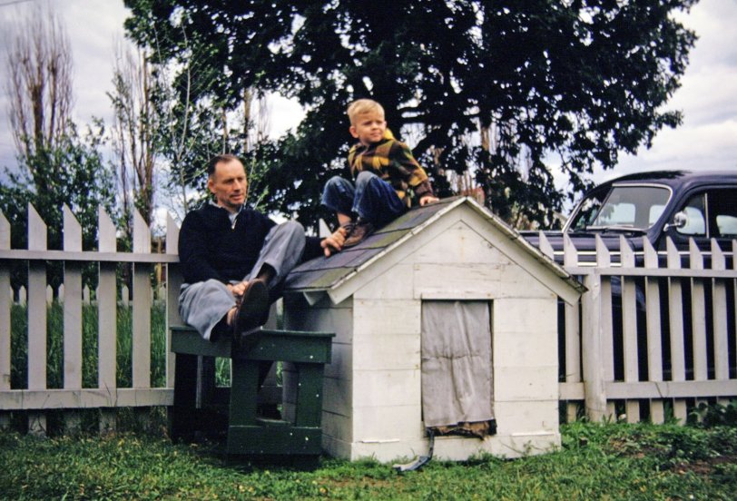 . . .but not in the doghouse. My dad and me, north Minneapolis c.1950. Rookie, the black lab for whom this house was built, had wandered away before I was born. That's a 1941 Plymouth in the background. It had bad kingpins. View full size.
