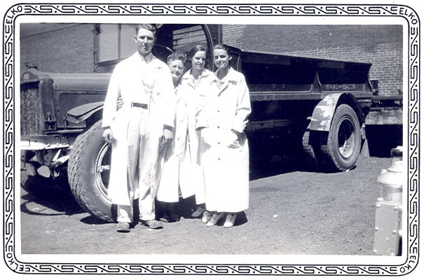 Picture of William A. Farrell and unidentified co-workers at Wilson Meat Packing.  He worked at both Oklahoma City and Chicago in the 30s, 40s and 50s, so I am not sure where this was taken.  Maybe someone can identify the truck and help me determine the date.
