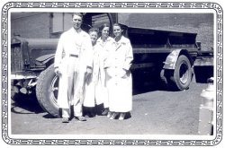 Picture of William A. Farrell and unidentified co-workers at Wilson Meat Packing.  He worked at both Oklahoma City and Chicago in the 30s, 40s and 50s, so I am not sure where this was taken.  Maybe someone can identify the truck and help me determine the date.
(ShorpyBlog, Member Gallery)