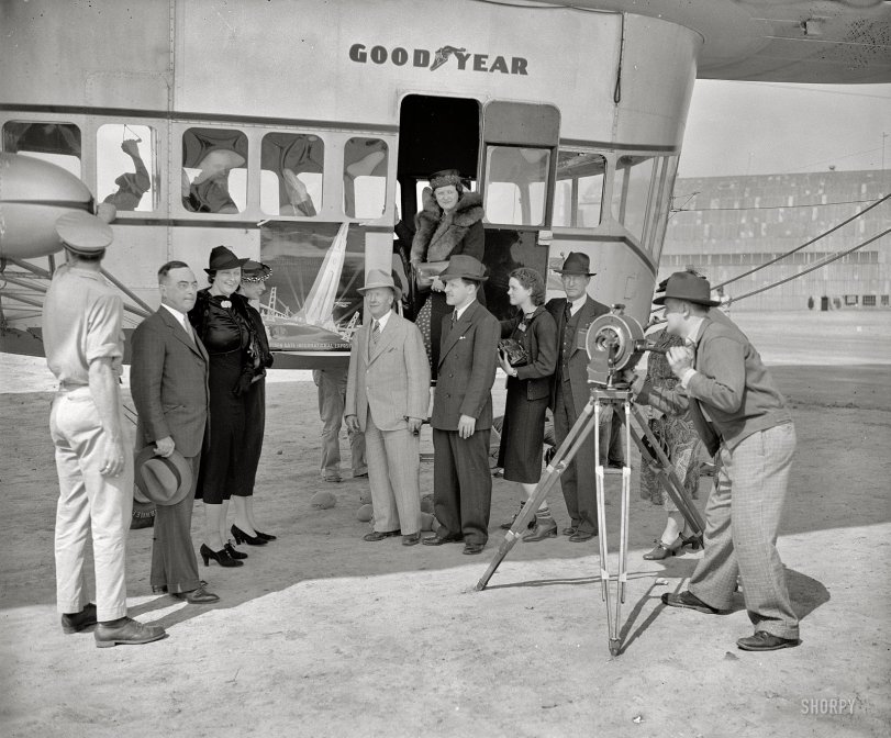 April 13, 1938. Washington, D.C. "Goodyear Blimp, Golden Gate." Promoting the World's Fair in San Francisco. Harris &amp; Ewing glass negative. View full size.
