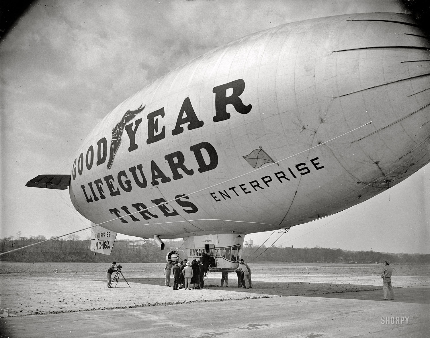 April 13, 1938. Washington, D.C. "Goodyear blimp Enterprise at Washington Air Post." Harris & Ewing Collection glass negative. View full size.