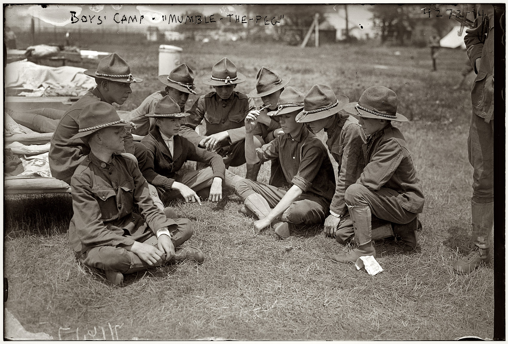 July 16, 1917. An exciting game of "mumble-the-peg" at scout camp outside New York City. George Grantham Bain Collection. View full size.