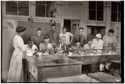 Cooking Class for Men at the Pratt Institute with Miss Hanks and Miss Kierstead, circa 1917. View full size. George Grantham Bain Collection.