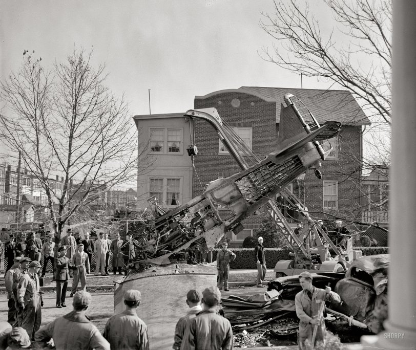 November 9, 1938. Washington, D.C. "Two U.S. Army fliers -- Lieut. Col. Leslie MacDill, General Staff Corps Officer, and Private Joseph G. Gloxner -- were burned to death today in the worst aerial tragedy in the history of the Capital when their plane crashed on a street in Anacostia, a short distance from Bolling Field. Three automobiles were wrecked in the crash. Col. MacDill was piloting the plane." Harris &amp; Ewing Collection glass negative. View full size.
