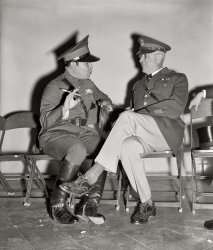 November 11, 1938. "No doubt armies were discussed when this picture was made today. Maj. General Malin Craig, U.S. Army Chief of Staff, and Col. Fulgencio Batista, Cuba's Dictator, as they chatted informally at Arlington while waiting for the arrival of President Roosevelt for the Armistice Day ceremonies there." Harris & Ewing Collection glass negative. View full size.
