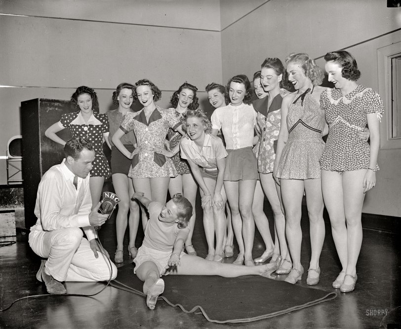 Washington, D.C., circa 1938. "Dancing class, WRC studio." Smile for the microphone, girls. Harris &amp; Ewing Collection glass negative. View full size.
