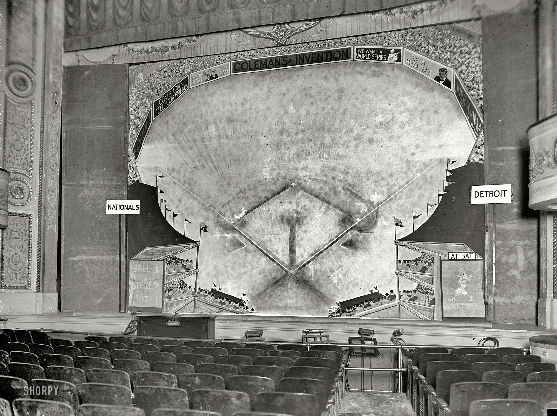 August 2, 1924. Washington, D.C. "Coleman's scoreboard invention." The Coleman Lifelike Scoreboard, with "pictures that move and play the game," made its debut at the National Theater in 1913, evidently taking 11 years to reach the state of perfection seen here. National Photo glass negative. View full size.
