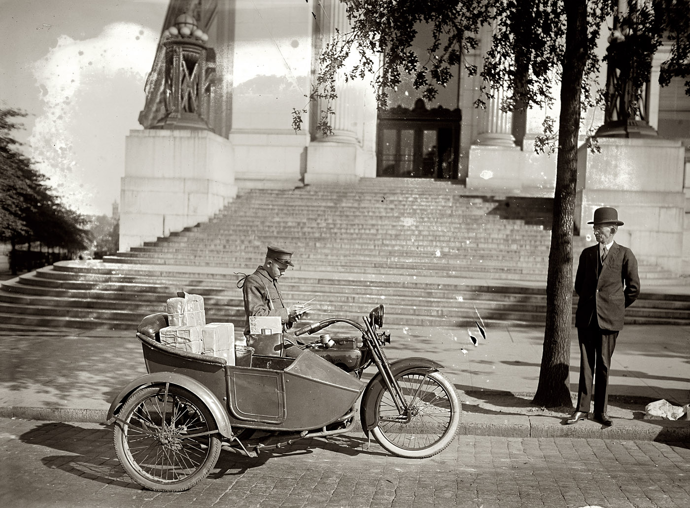 Washington, D.C., mail delivery via Harley-Davidson motorcycle sidecar circa 1924. National Photo Company Collection glass negative. View full size.