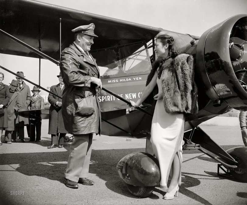 April 3, 1939. Washington, D.C. "Col. Roscoe Turner, winner of speed trophies in the air, dropped down to Washington Airport today with a red high-wing monoplane which he presented to the friends of New China, represented by Miss Hilda Yen, Chinese Aviatrix. The plane, 'Spirit of New China.' was built by the Porterfield factory." Harris &amp; Ewing Collection glass negative. View full size.
