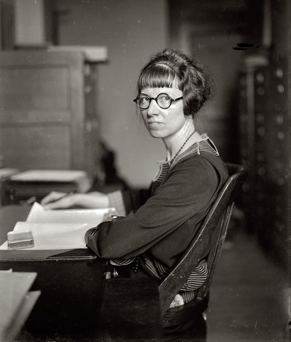 Washington, 1925. "Miss Grace M. Eddy, first woman examiner for the Interstate Commerce Commission." National Photo Co. glass negative. View full size.