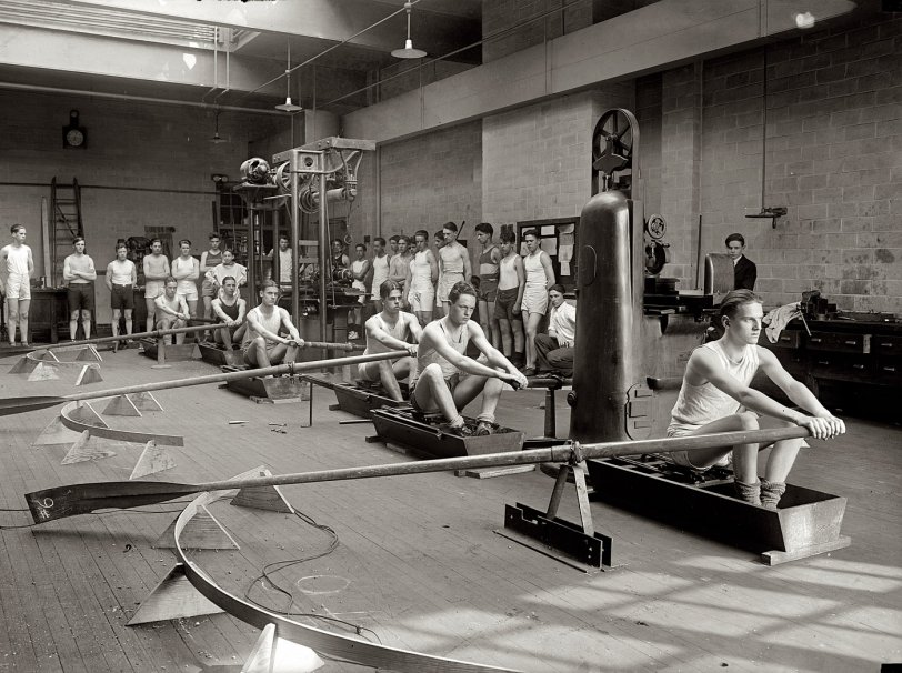 March 25, 1925. Washington, D.C. "Central High School rowing class. Pictured rowing are: Stanley Durkee, Arthur Dorton, Ronald Collauday, Donald Kline, William Stewart and Elkin Hale." Although the negative is dated 1925, the print giving names of the rowers is dated 1919. National Photo Company Collection glass negative. View full size.