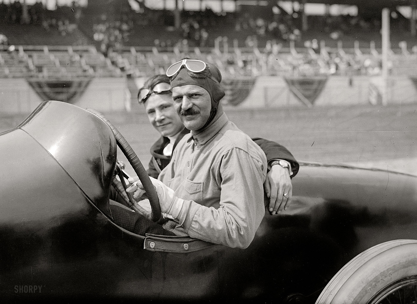 June 1, 1918. French driver Louis Chevrolet and mechanic in their Frontenac at the Sheepshead Bay Speedway in Brooklyn, racing in the Harkness Handicap. 5x7 glass negative, George Grantham Bain Collection. View full size.