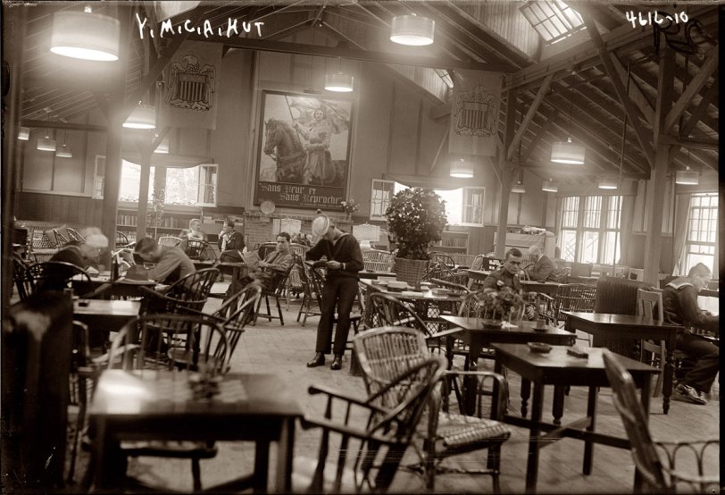 The YMCA "Eagle Hut" canteen for enlisted men in Bryant Park, New York City. June 12, 1918. View full size. George Grantham Bain Collection.