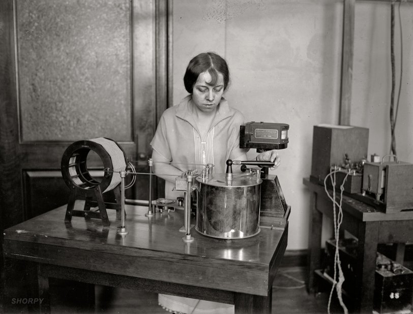 May 19, 1925. "Miss Grace Hazen, Bureau of Standards, testing radio wave meters." National Photo Company Collection glass negative. View full size.
