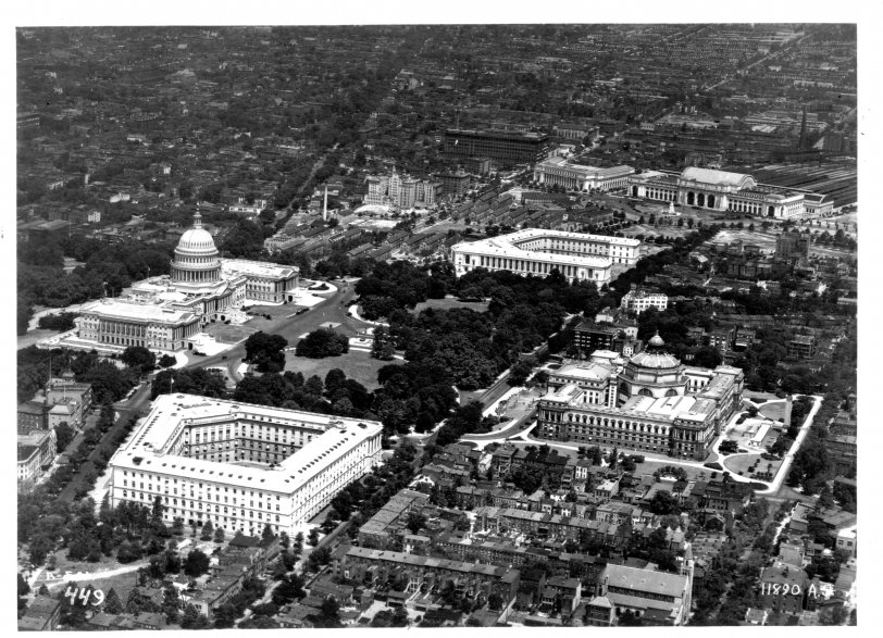 This circa 1930 government photo was made before the U.S. Supreme Court was built, just above the Library of Congress. View full size.
