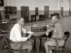 Philadelphia, 1925. Frank Aiken and Atwater Kent at the new Atwater Kent radio factory. View full size. National Photo Company Collection glass negative.
Atwater KentThe Atwater Kent radio was a quality set in the mid to late 1920's. My mother's family bought one in 1926 and still had it during WW2, when I would listen to it. Its power supply had been modified by then, and it lasted until 1949, when a 13 inch GE television set replaced it in the living room and it went to the garage.
Atwater Kent RadioThe radio on the table is the model 20 Compact, No. 7570, put into production in March 1925. Nearly a quarter of a million were made before production ended in 1927. One of my favorite sets.
Was this Frank Aiken the Irish politician or somebody else?
[Frank Aiken was chief engineer at Atwater Kent. - Dave]
Tuning InWorking one of these beasts was quite a chore.
http://www.ka7oei.com/ak20c.html
There are a lot of things we take for granted in modern radios.
Atwater KentIn 1984 I married a (not so young) lady from Adamant, Vermont.  Down a dirt road from her parents' house was Kent Corners, home of the original farmstead of Atwater Kent.  A mile or so away was Maple Corners, where we had our wedding reception in the grange hall.  Just up the hill by dirt road (all dirt, around there) was the Old West Church, built in 1824.  Over the altar is still an inscription, "Remove not the ancient monument thy fathers have set".
Too bad the marriage only lasted four years.
(Technology, The Gallery, Natl Photo, Philadelphia)