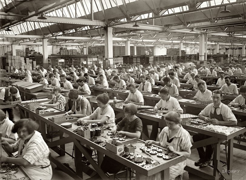 1925. "Condenser assembling department." Another view of workers putting radios together at the vast Atwater Kent factory in Philadelphia. View full size. National Photo Company Collection glass negative, Library of Congress.