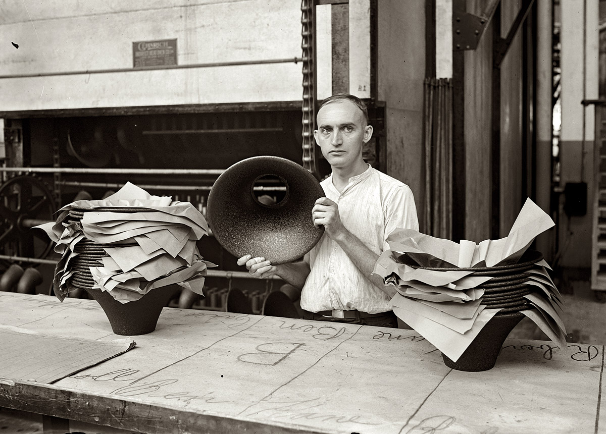 Philadelphia, 1925. Atwater Kent radio factory. "Final inspection of loudspeaker after baking finish." View full size. National Photo Company glass negative.