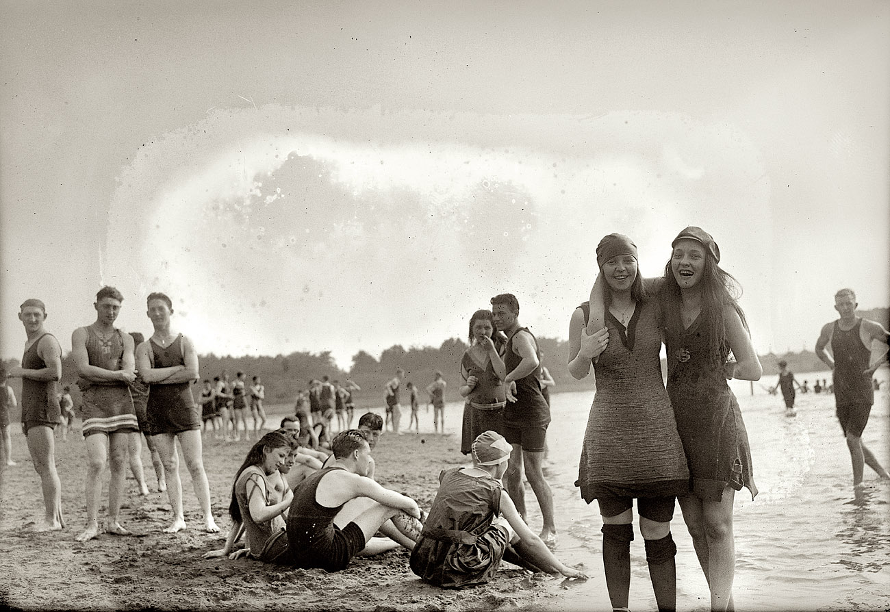 "Bathing beach." Circa 1923, a faded view of fun on one of the long-gone Potomac bathing beaches of Washington, D.C. View full size. National Photo Company.