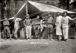 1912. "National Guard camp. Mount Gretna, Pennsylvania." View full size. National Photo Company Collection glass negative.
Mount GretnaMount Gretna was the home of the Pennsylvania National Guard from 1885 to 1935. After serving as campground, Chautauqua and summer resort it's now home to a jazz and classical music festival. Many old postcard photos (some of the Guard) can be found here. Last night: Hayden, Verdi and Schumann with the Wister Quartet to a katydid accompaniment.       
(The Gallery, Natl Photo, Sports)