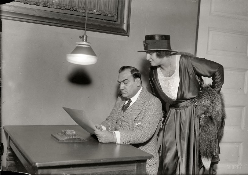March 18, 1919. "Caruso and Muzio." Famed Italian tenor Enrico Caruso with the soprano Claudia Muzio in New York during his 15th year with the Metropolitan Opera and two years before his death. G.G. Bain Collection. View full size.
