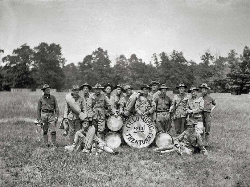 Circa 1912. Mount Gretna, Pennsylvania. "National Guard camp. Field music band from Trenton, N.J." National Photo Company glass negative. View full size.
