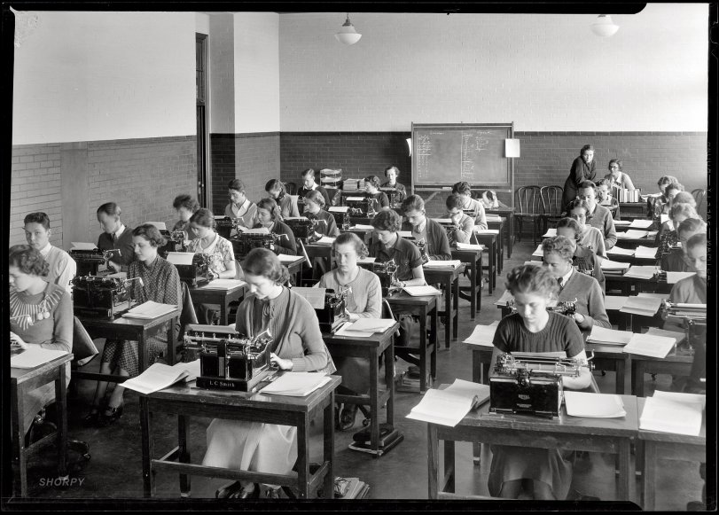 "Bethesda, Maryland. Chevy Chase School, 1935." We backspace to another typing class. National Photo Company Collection safety negative. View full size.
