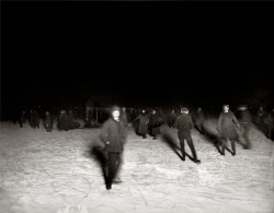 Washington, D.C. "Skating night, 1919." National Photo Co. View full size.
BlurThe motion captured in this image is really beautiful.
Boo.I think you're trying to get us ready for Halloween, Dave. The dark images swirling like a murder of crows.
Skate When You Can


Washington Post, Dec 20, 1919 


Ice Skaters Grasp Chance for Sport
Throngs at Great Falls Va.
Merrymakers Enjoy Coasting.

If war workers who now are in Washington care to use the ice skates which they brought from Northern homes, they had better get hem out.  Washington has only a few days of ice skating, and last night large crowds gathered at the various ponds and lakes to test the ice.
A large number of skaters found the ice on the old canal above Great Falls Va., smooth, and after sweeping away the snow there was pleasure for all.
The 3 or 4 inches of snow which fell yesterday gave the children their first taste of coasting.  Until a late hour last night the hills near Soldier' Home and in Rock Creek Park, as well as the hill streets of the city, were crowded with merrymakers.
Police yesterday renewed their efforts to restrict the coasting in the downtown sections.  With the heavy Christmas traffic it is pointed out that such sport is particularly dangerous.
The heavy snowfall caused little interruption to Christmas shopping.  Throughout the day, downtown streets were filled with crowds.  Two hundred street cleaners were put to work on the crosswalks and street car traffic was kept moving by snow plows.

Dark was the nightWhat a deliciously eerie photo.  I'm sure the evening was filled with laughter and merriment, but captured this way it feels like one of the crime scenes in Luc Sante's "Evidence."
(The Gallery, D.C., Natl Photo, Sports)