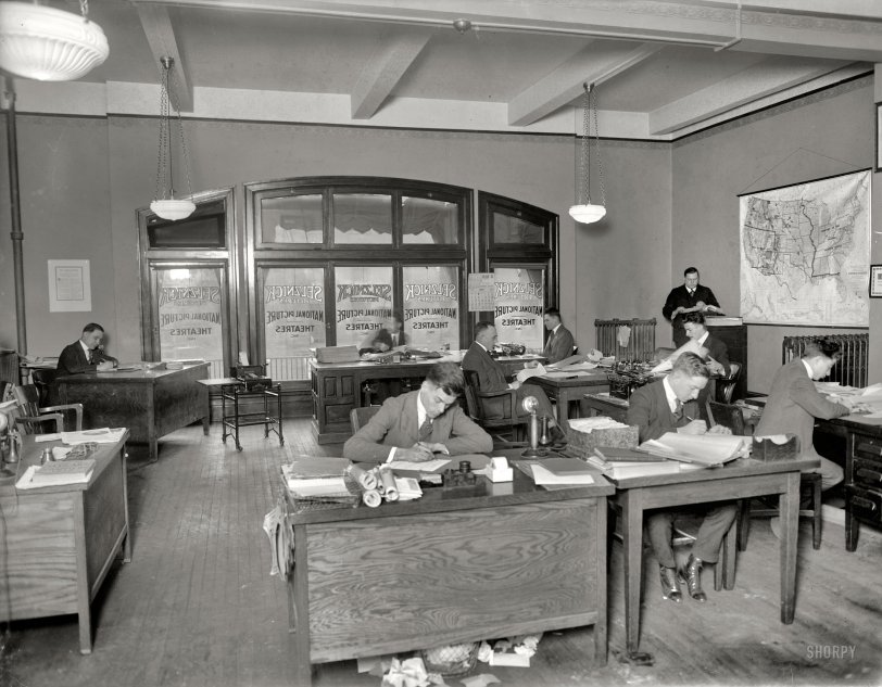 Washington, D.C., January 1920. "Selznick Pictures." Interior view of the booking and exhibitor relations office seen here. Where the tidy desk belies an overflowing waste basket. National Photo glass negative. View full size.
